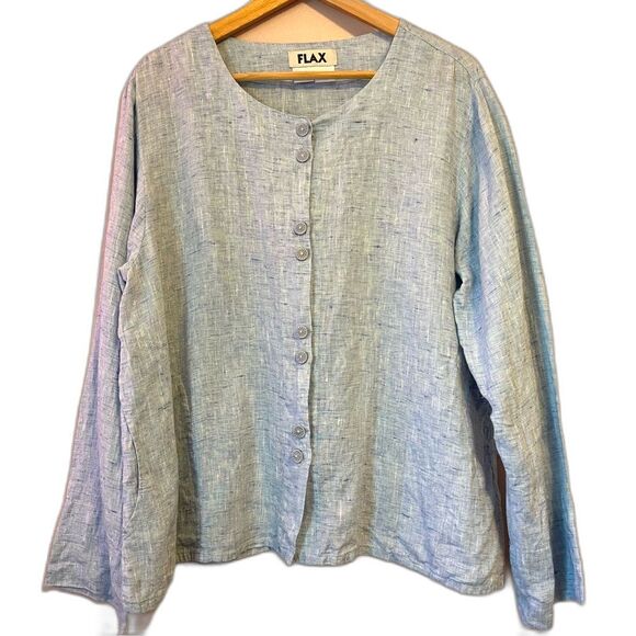 Flax Tops - FLAX Linen Medium Carolina Blue Shirt Long Sleeve Button Front Coastal Summer